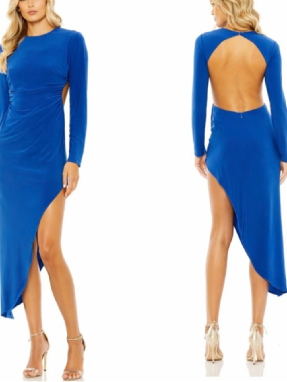 Mac Duggal Royal Blue Long-Sleeve Open-Back Asymmetric Dress